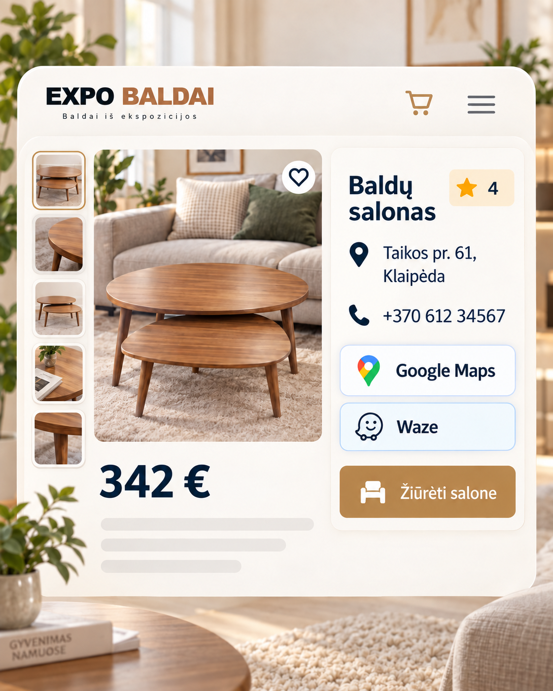 Staliukų produkto puslapis su salono kontaktais ir navigacijos nuorodomis
