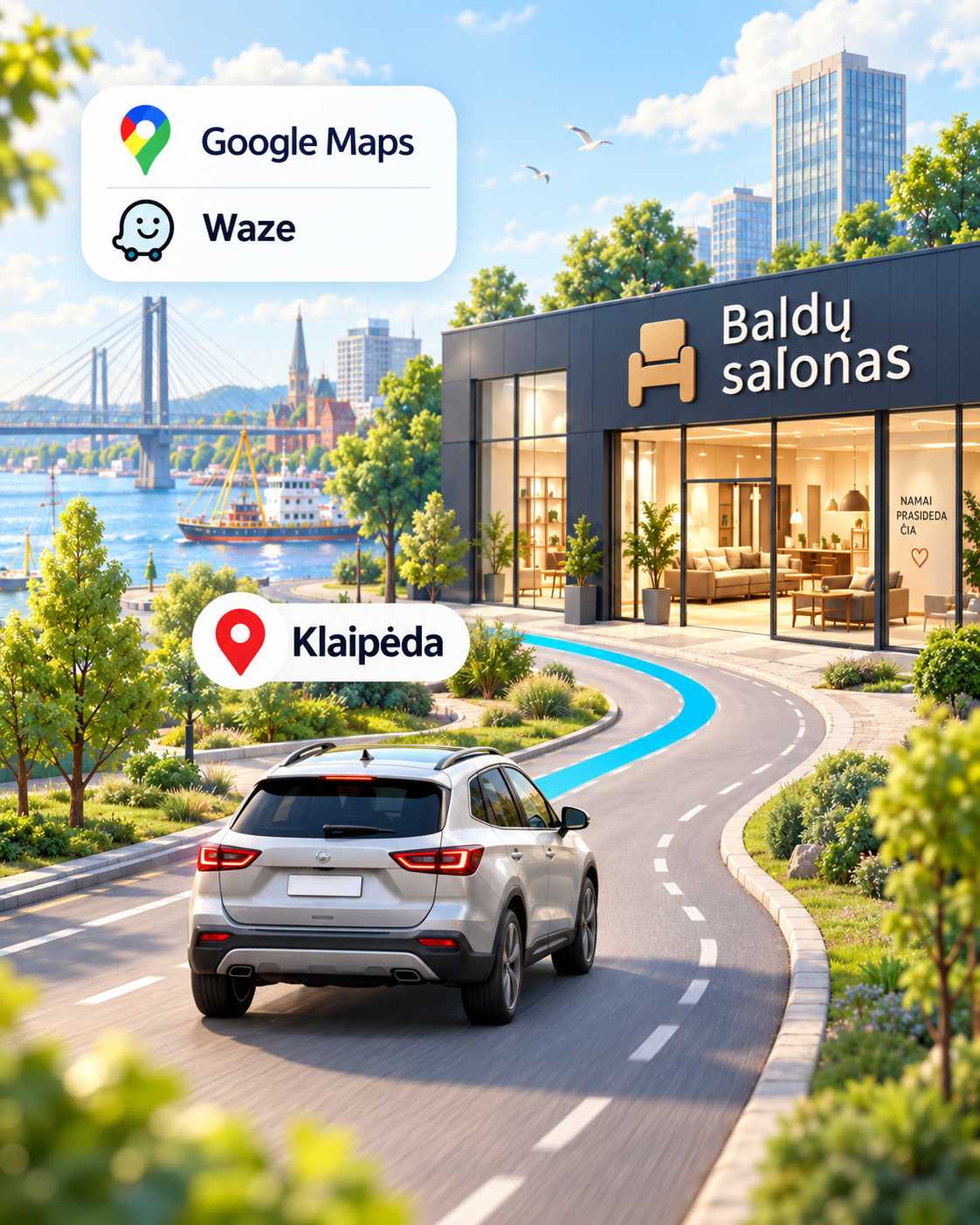 Automobilis važiuoja pažymėtu maršrutu į baldų saloną Klaipėdoje