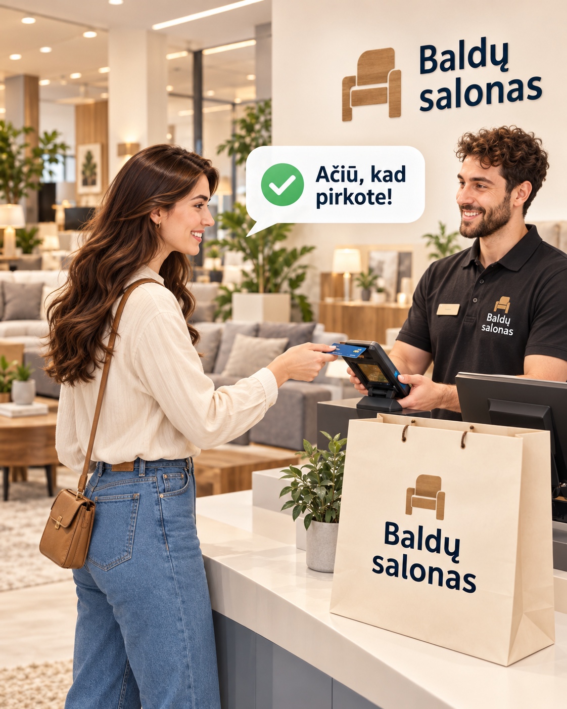 Klientė atsiskaito kortele baldų salone