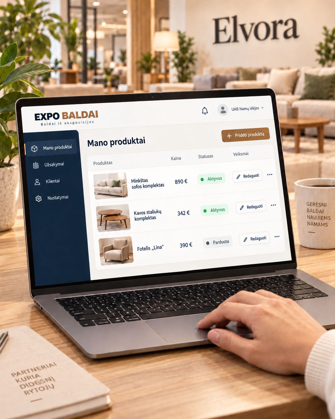 EXPO BALDAI produktų sąrašo valdymas Elvora baldų salone