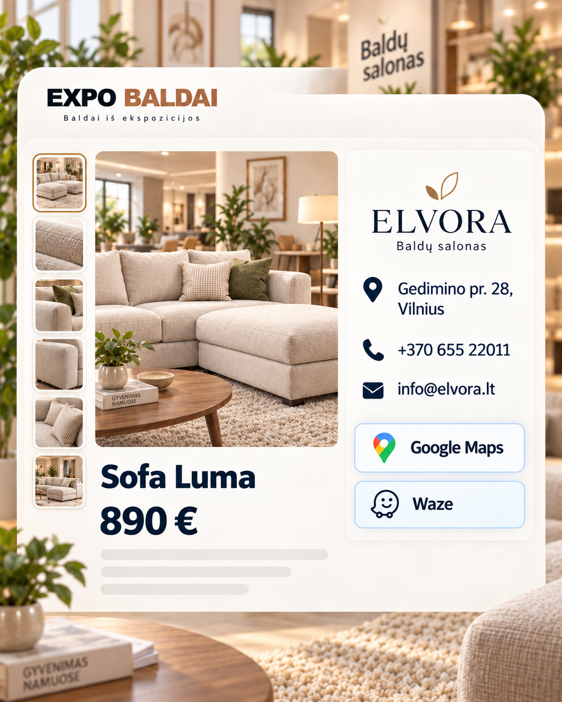 Baldas kataloge su Elvora prekės ženklu, salono kontaktais ir navigacija