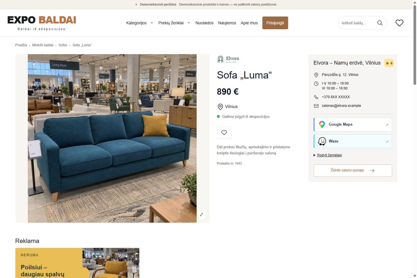 Produkto puslapis – EXPO BALDAI projekto ekranas su demonstraciniu turiniu